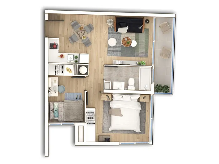 Plano 2 dormitorios · 1 baño